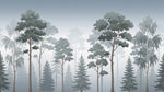 Papier peint panoramique forêt - Sapins pins brouillard matinal silhouettes tons gris bleu et blanc sur mesure - Design