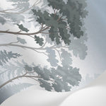 Papier peint panoramique forêt - Sapins pins brouillard matinal silhouettes tons gris bleu et blanc sur mesure - Matière