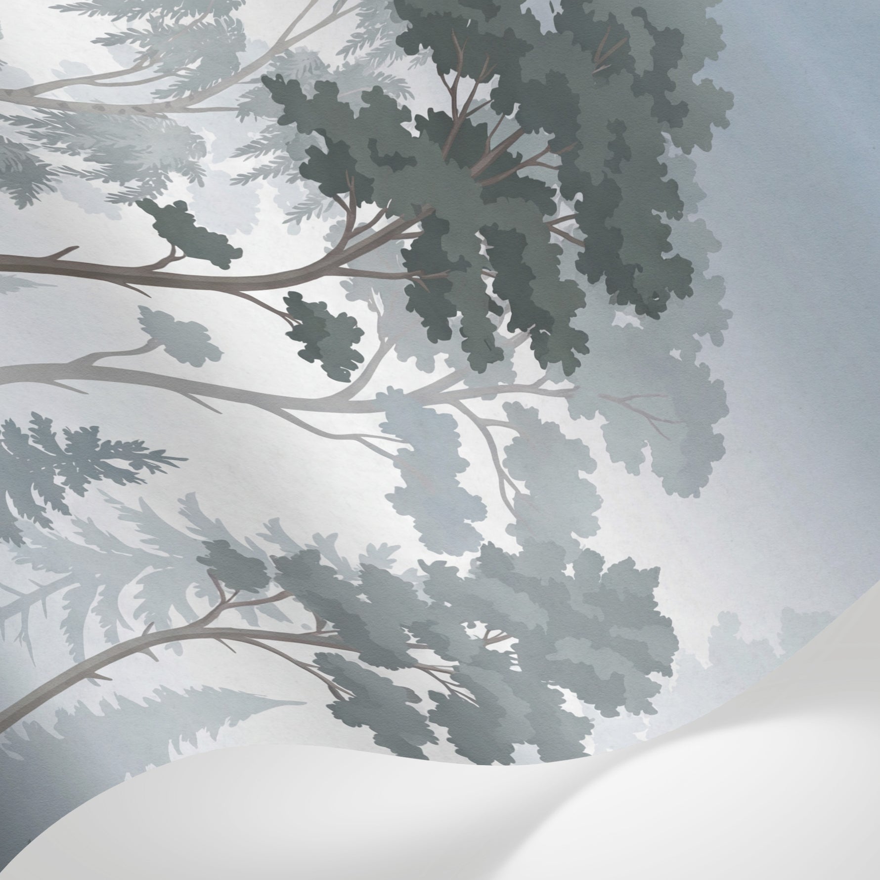 Papier peint panoramique forêt - Sapins pins brouillard matinal silhouettes tons gris bleu et blanc sur mesure - Matière
