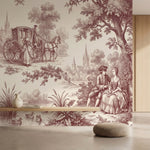 papier peint panoramique foret scene romantique carrosse couple sous chene sepia-2
