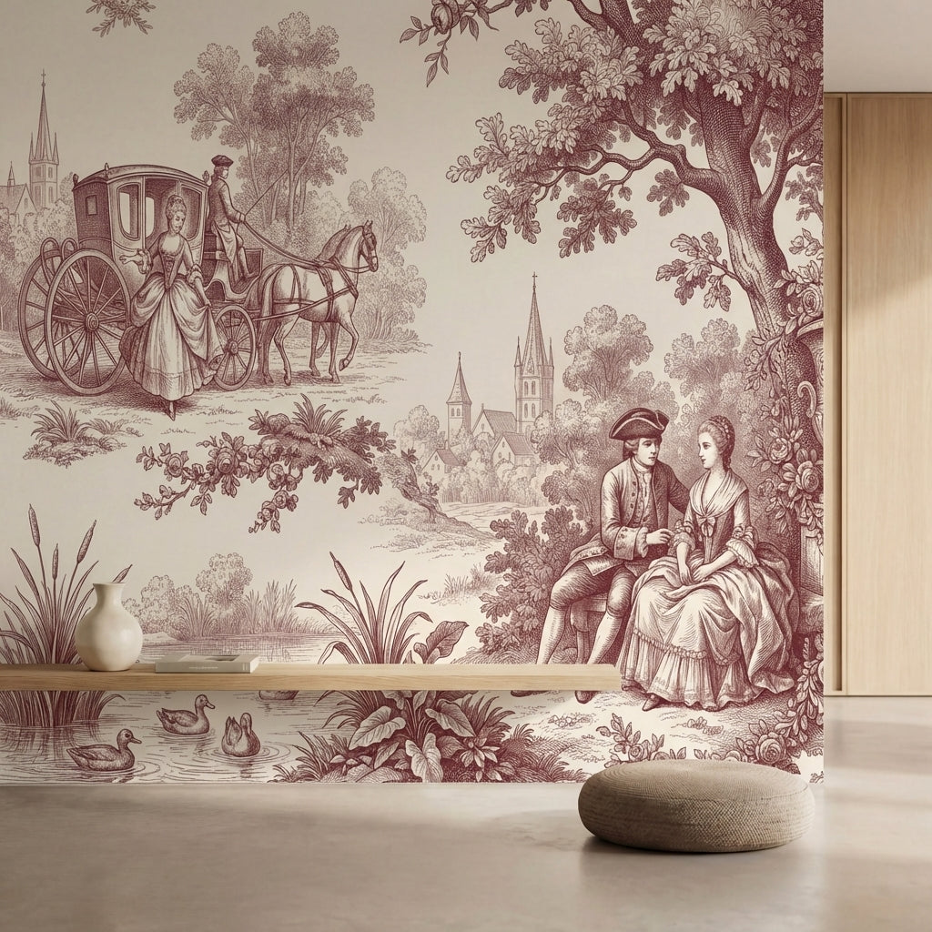 papier peint panoramique foret scene romantique carrosse couple sous chene sepia-2