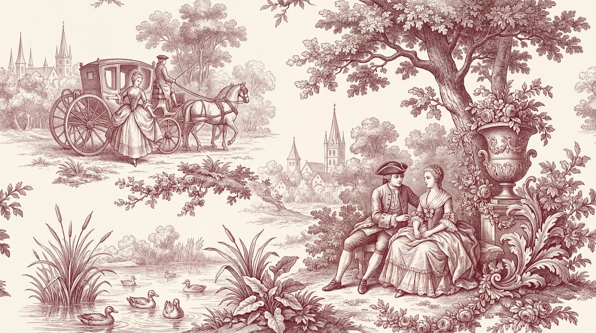 Papier peint panoramique forêt - Scène romantique carrosse couple sous chêne sépia et crème sur mesure - Design