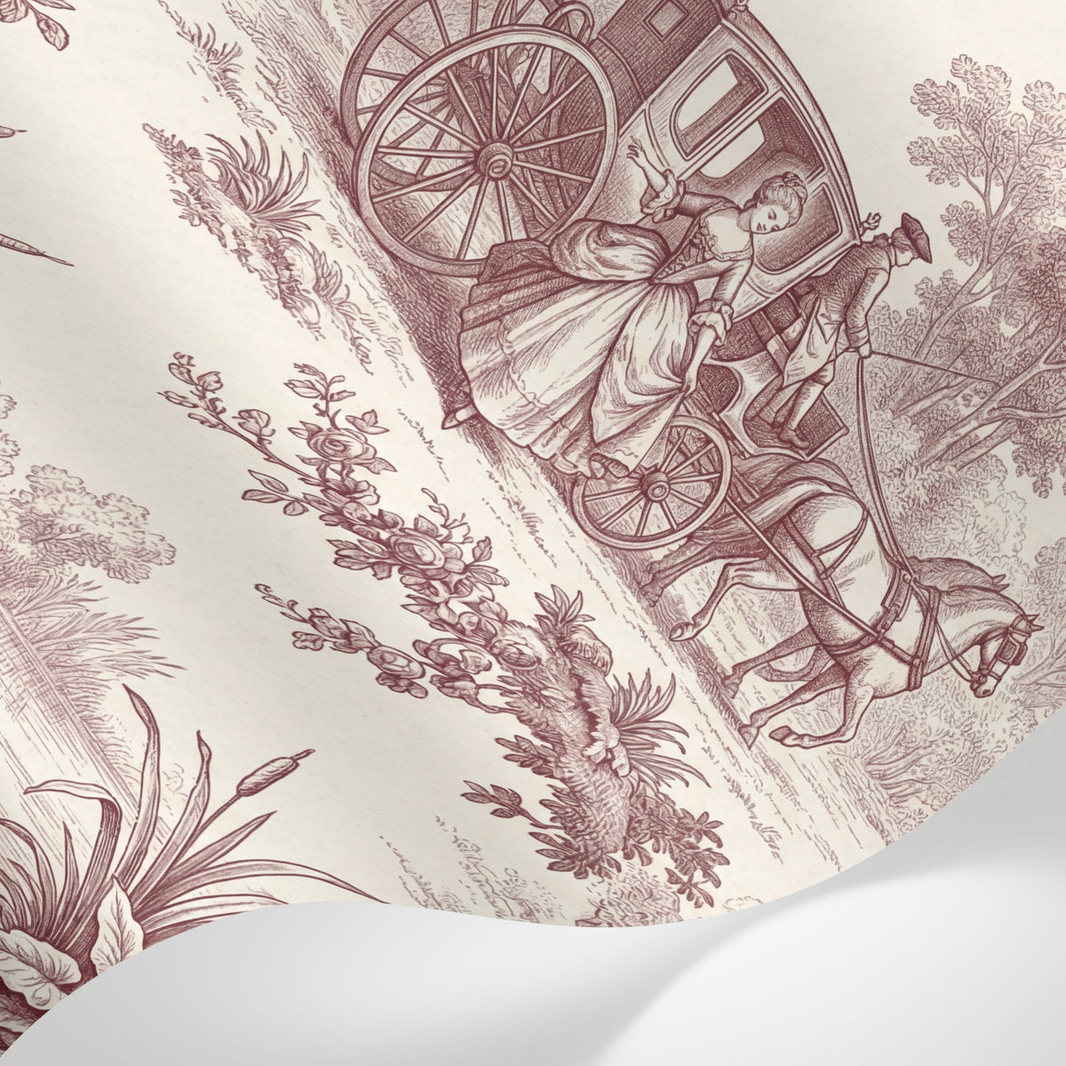 Papier peint panoramique forêt - Scène romantique carrosse couple sous chêne sépia et crème sur mesure - Matière