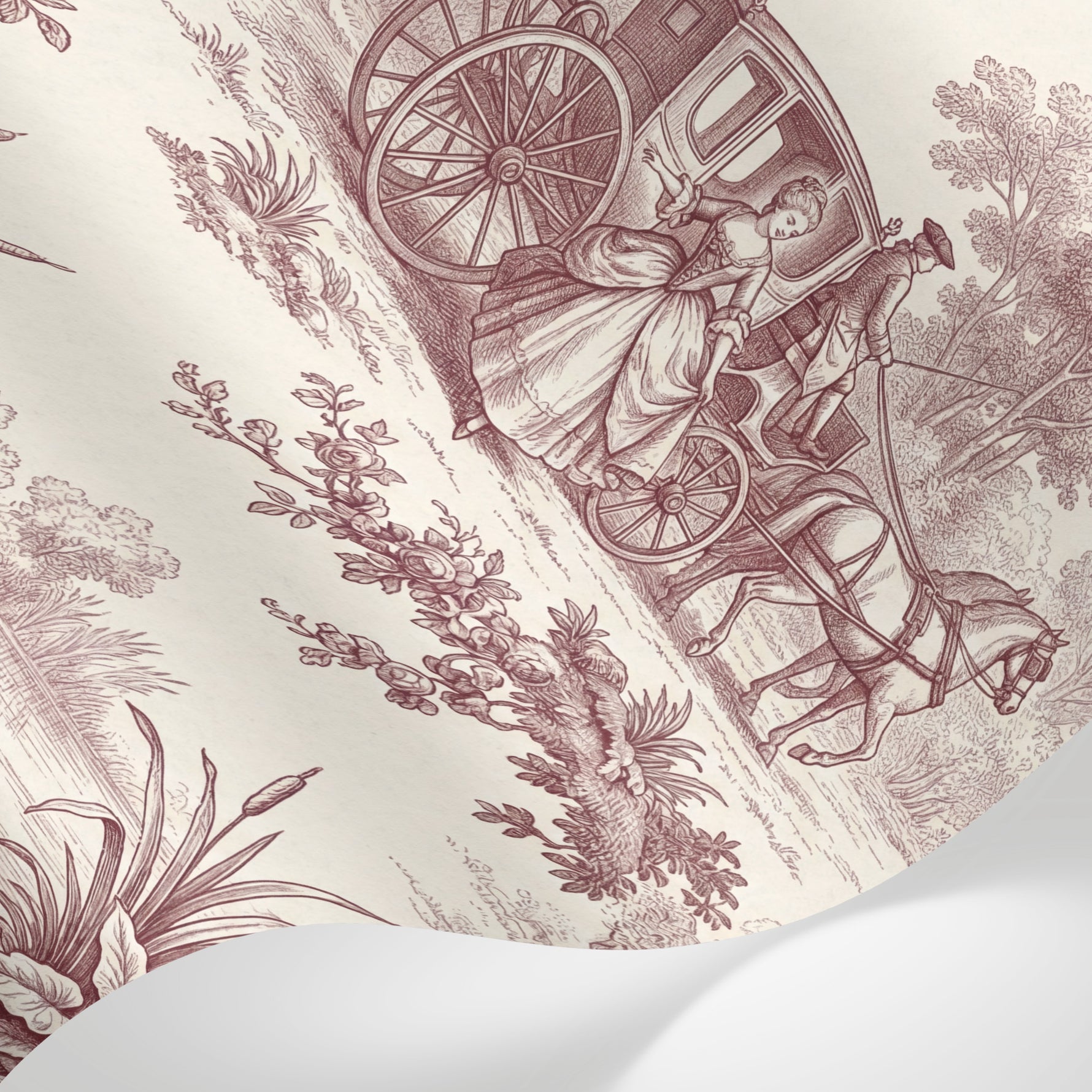 Papier peint panoramique forêt - Scène romantique carrosse couple sous chêne sépia et crème sur mesure - Matière