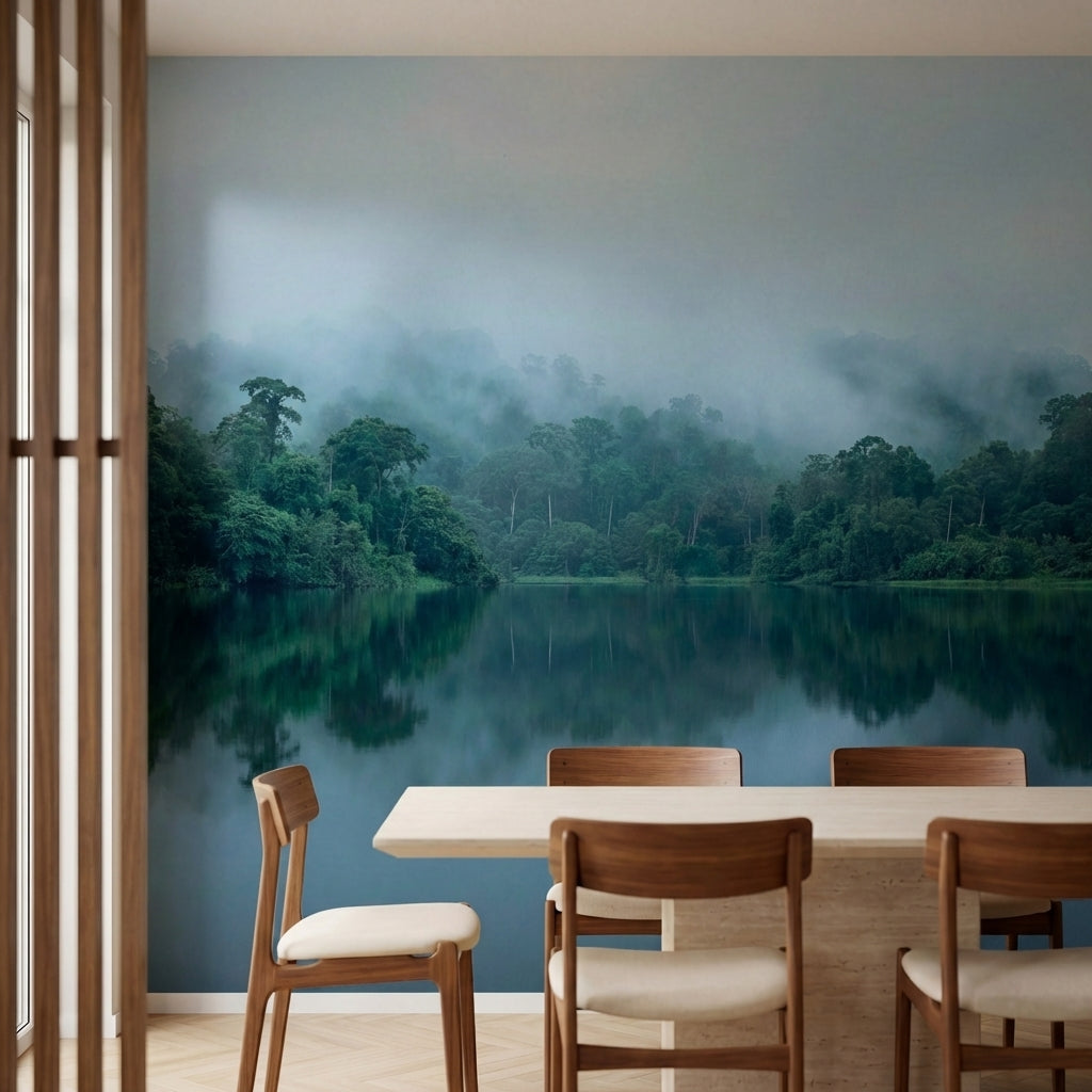 papier peint panoramique foret tropicale arbres luxuriants brume matinale reflet-1