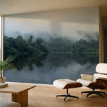 papier peint panoramique foret tropicale arbres luxuriants brume matinale reflet-2