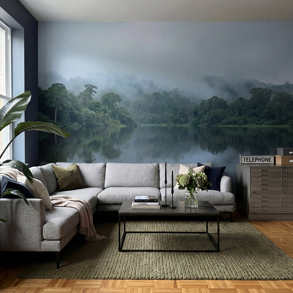 papier peint panoramique foret tropicale arbres luxuriants brume matinale reflet-6