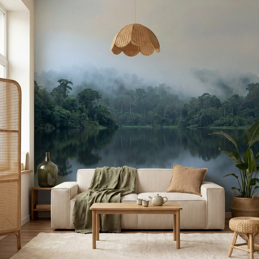 papier peint panoramique foret tropicale arbres luxuriants brume matinale reflet-7