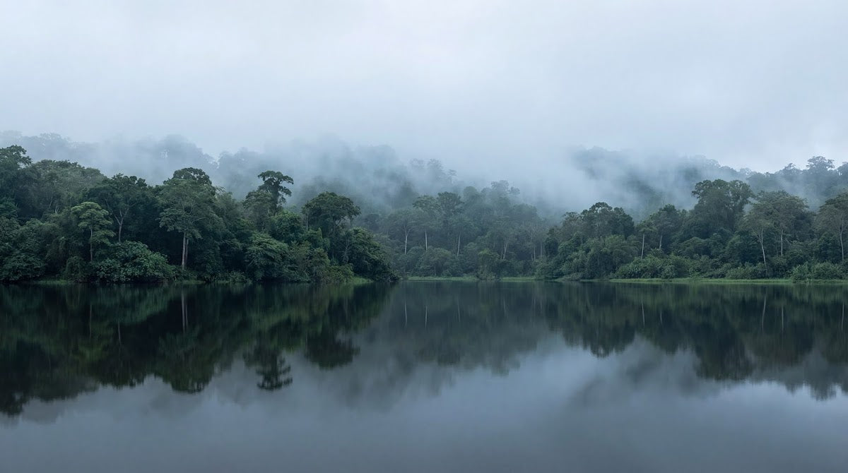 Papier peint panoramique forêt tropicale - Arbres luxuriants brume matinale reflets lac tons vert sauge et gris perle sur mesure - Design