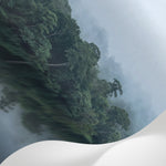 Papier peint panoramique forêt tropicale - Arbres luxuriants brume matinale reflets lac tons vert sauge et gris perle sur mesure - Matière