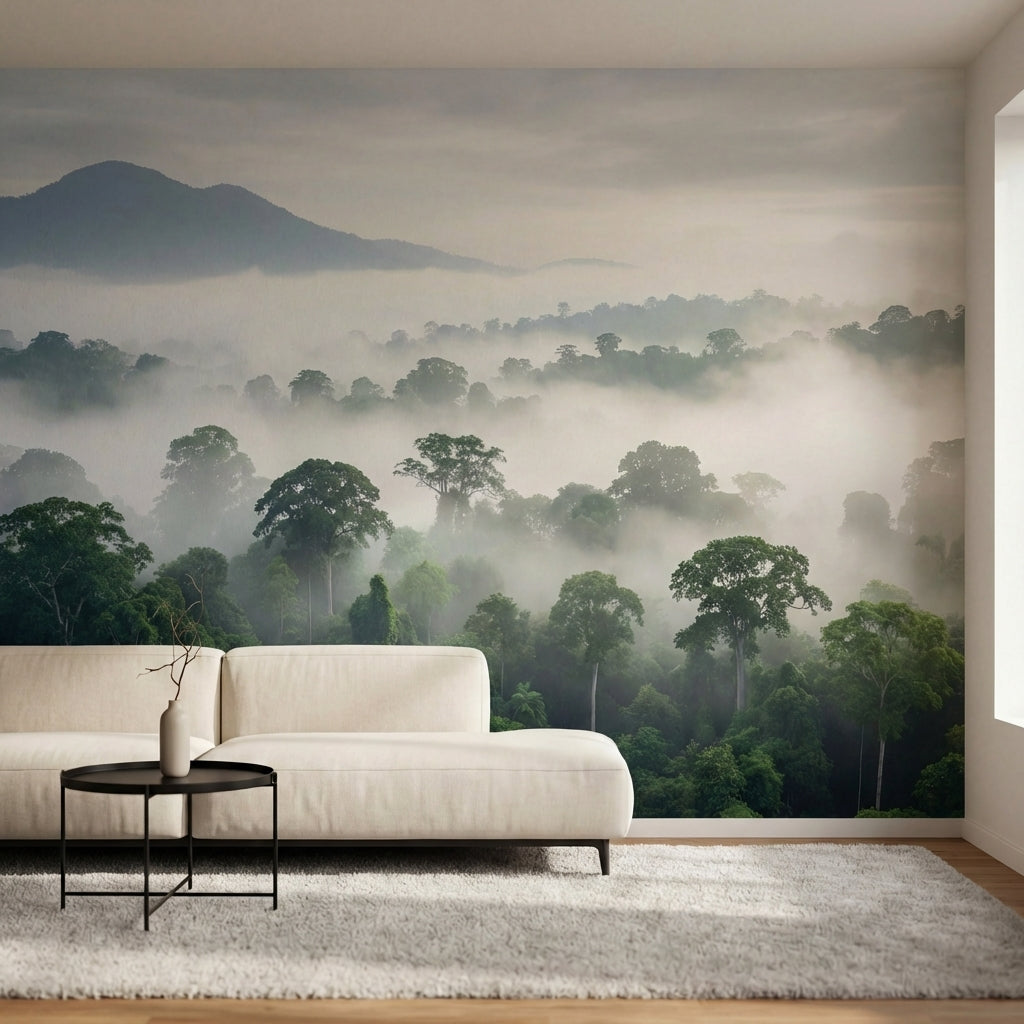 papier peint panoramique foret tropicale canopee dense brume matinale montagnes -1