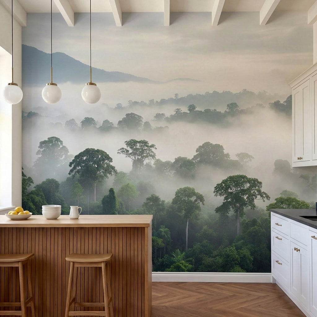 papier peint panoramique foret tropicale canopee dense brume matinale montagnes -HERO-10