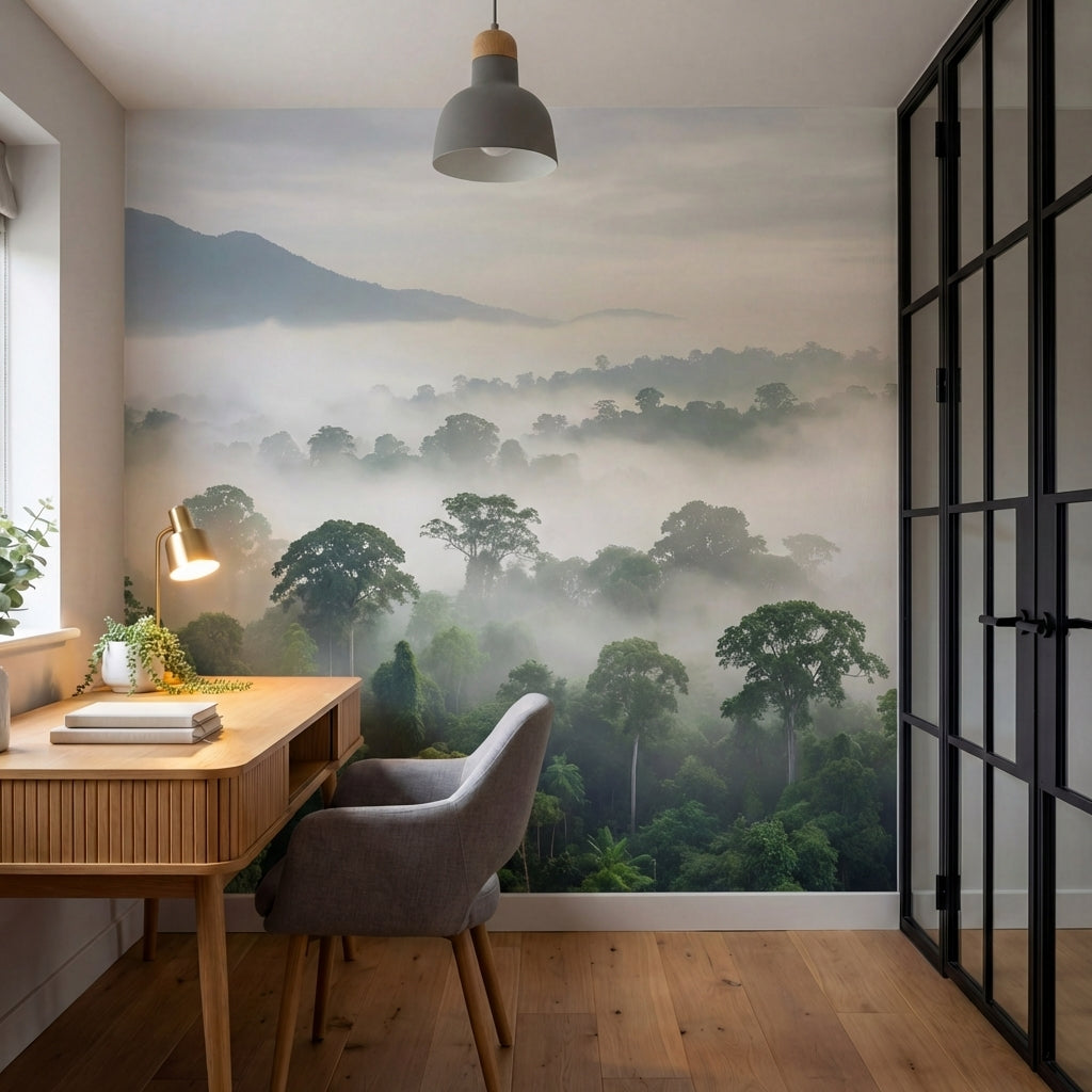 papier peint panoramique foret tropicale canopee dense brume matinale montagnes -VARIANTE-10