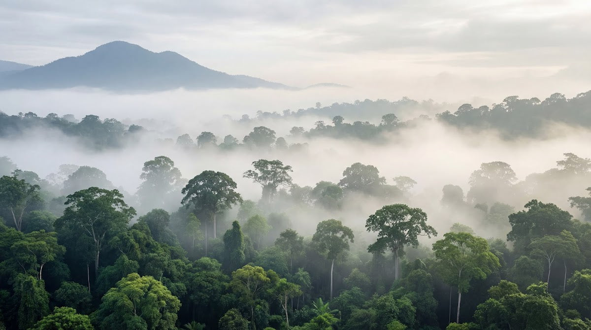 Papier peint panoramique forêt tropicale - Canopée dense brume matinale montagnes fond vert sauge et blanc sur mesure - Design