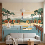 papier peint panoramique foret village cotier phare bateaux cabanes tons beige e-1