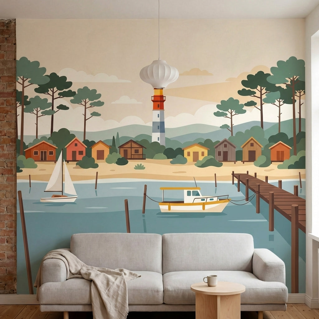 papier peint panoramique foret village cotier phare bateaux cabanes tons beige e-1