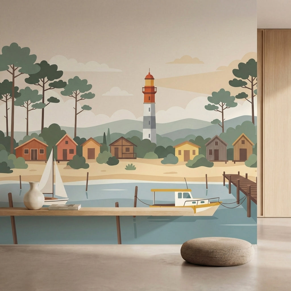 papier peint panoramique foret village cotier phare bateaux cabanes tons beige e-2