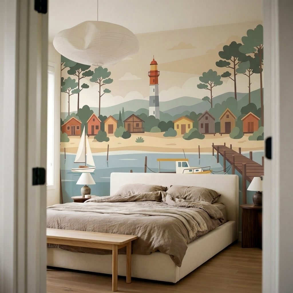 papier peint panoramique foret village cotier phare bateaux cabanes tons beige e-6