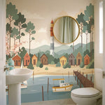 papier peint panoramique foret village cotier phare bateaux cabanes tons beige e-VARIANTE-10