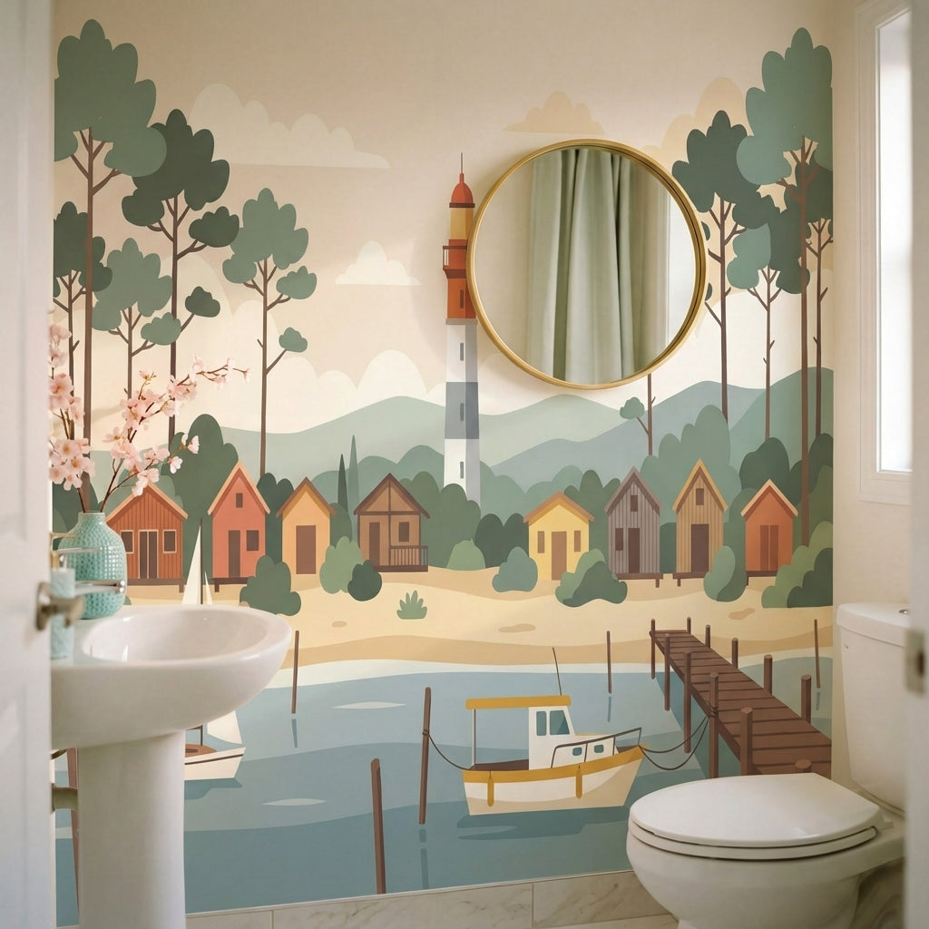 papier peint panoramique foret village cotier phare bateaux cabanes tons beige e-VARIANTE-10