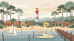Papier peint panoramique forêt - Village côtier phare bateaux cabanes tons beige et vert sauge sur mesure - Design