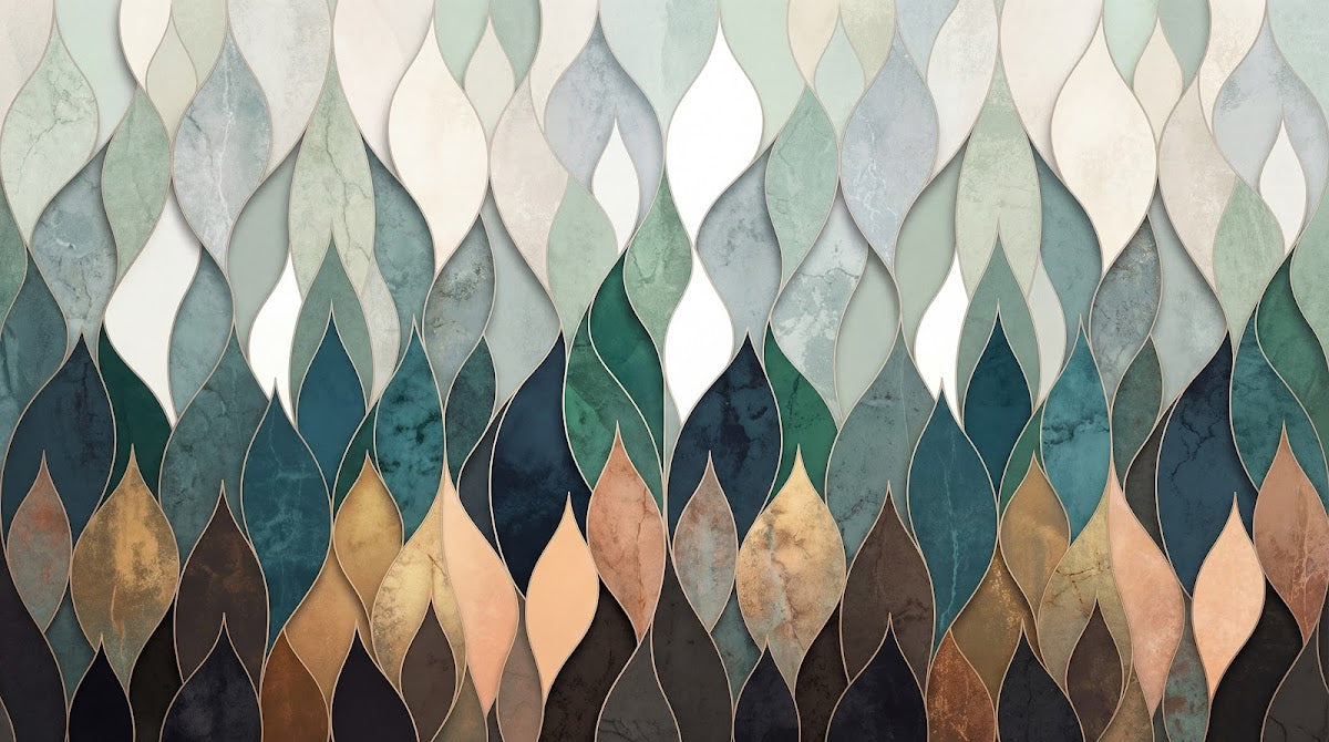 Papier peint panoramique geometrique - Losanges ondulés superposés dégradé tons vert sauge beige et brun sur mesure - Design