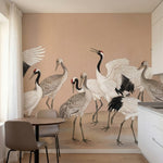 papier peint panoramique grue colonie echassiers blancs grues cendrees fond beig-1