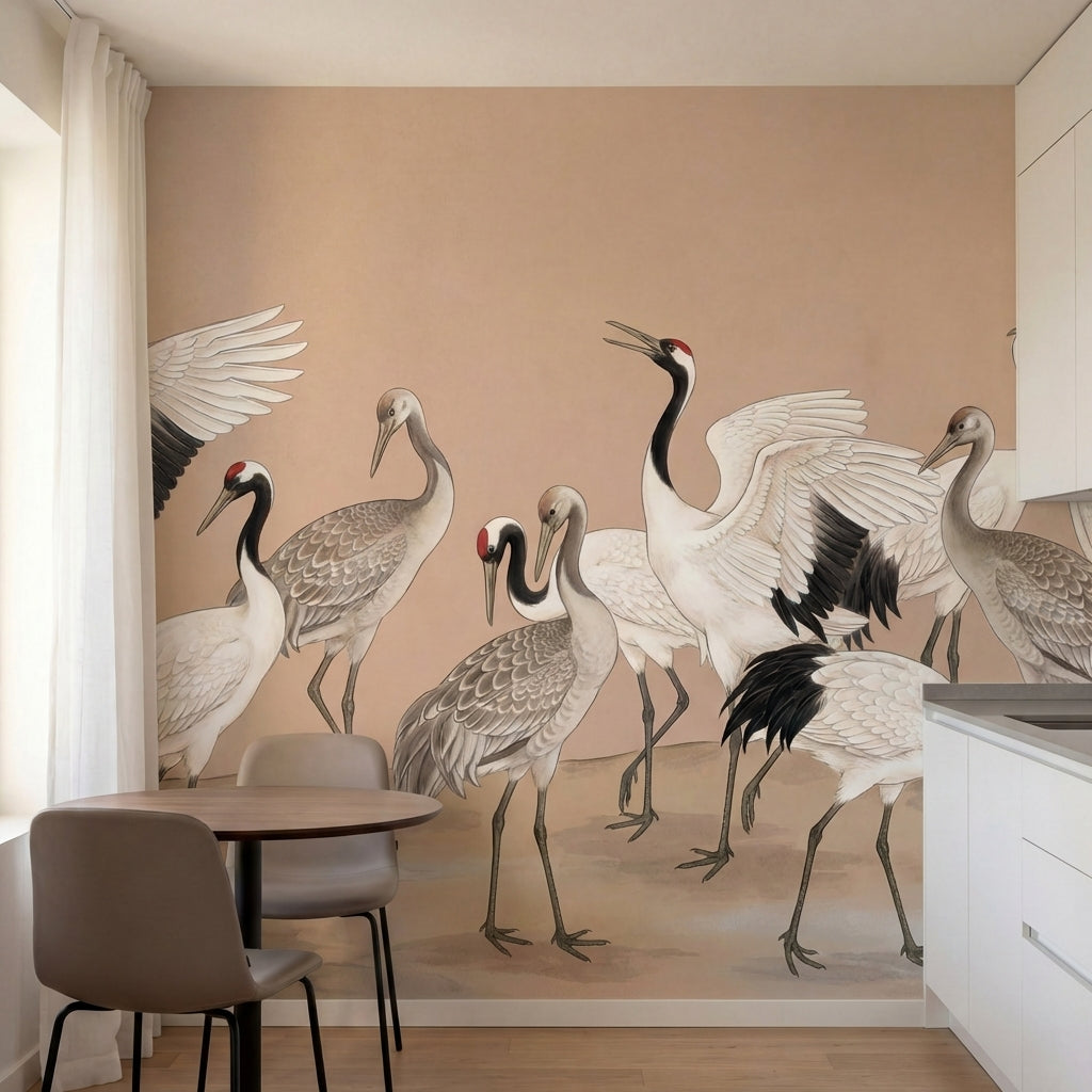 papier peint panoramique grue colonie echassiers blancs grues cendrees fond beig-1