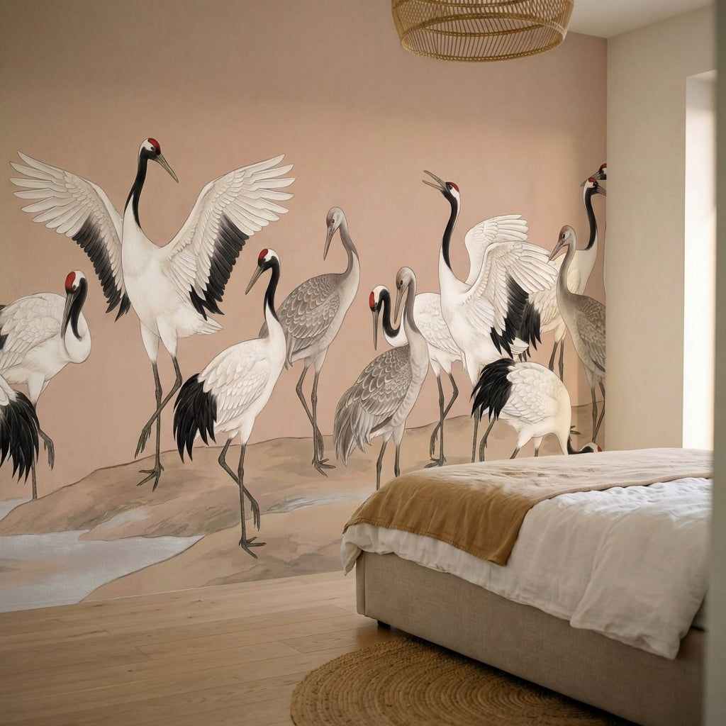 papier peint panoramique grue colonie echassiers blancs grues cendrees fond beig-1