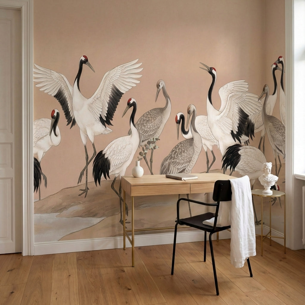 papier peint panoramique grue colonie echassiers blancs grues cendrees fond beig-6