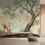papier peint panoramique grue couple grues couronnees papillons arbre japonais f-4