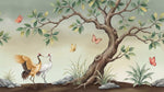 Papier peint panoramique grue - Couple grues couronnées papillons arbre japonais fond beige crème sur mesure - Design