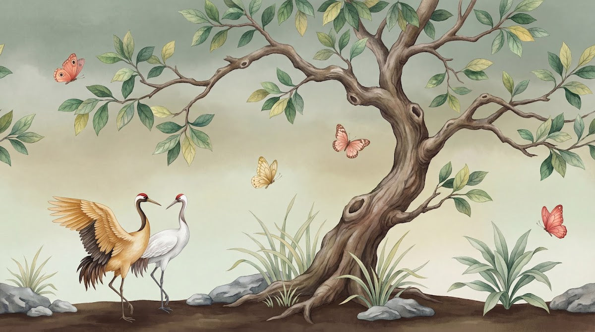 Papier peint panoramique grue - Couple grues couronnées papillons arbre japonais fond beige crème sur mesure - Design
