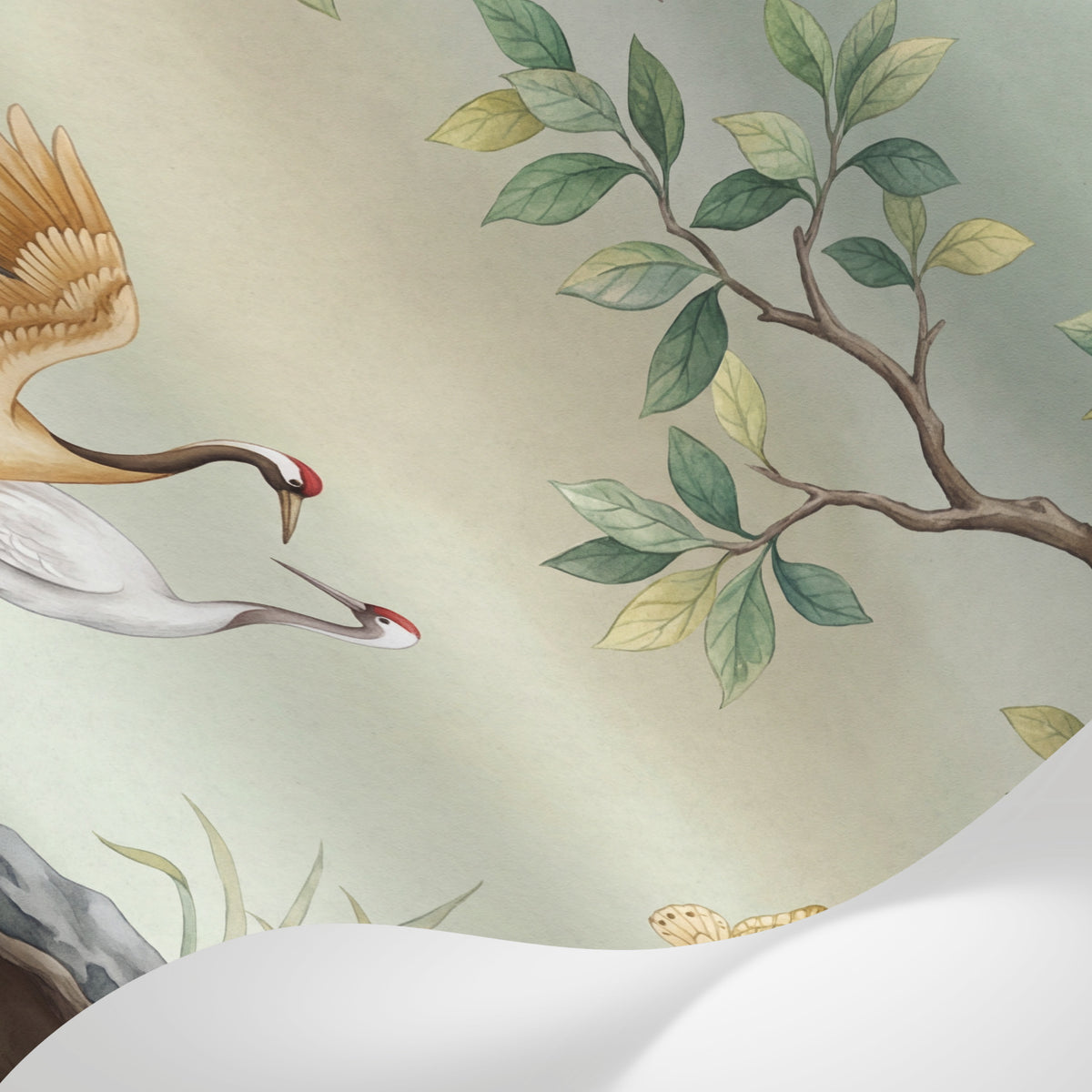 Papier peint panoramique grue - Couple grues couronnées papillons arbre japonais fond beige crème sur mesure - Matière
