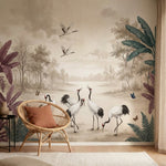 papier peint panoramique grue grues couronnees tropicales feuillage exotique pap-1