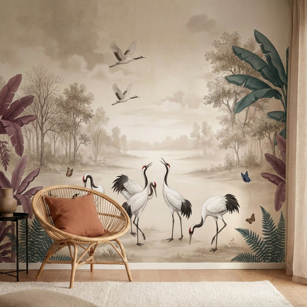 papier peint panoramique grue grues couronnees tropicales feuillage exotique pap-1