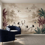 papier peint panoramique grue grues couronnees tropicales feuillage exotique pap-1