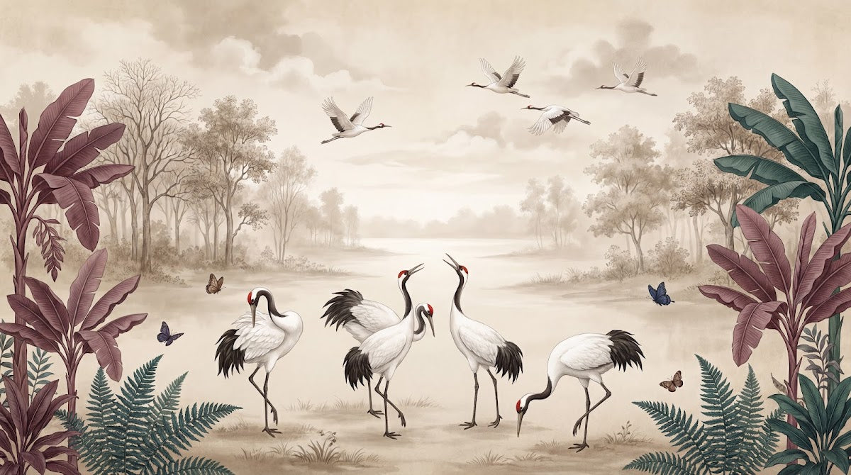 Papier peint panoramique grue - Grues couronnées tropicales feuillage exotique papillons fond beige crème sur mesure - Design