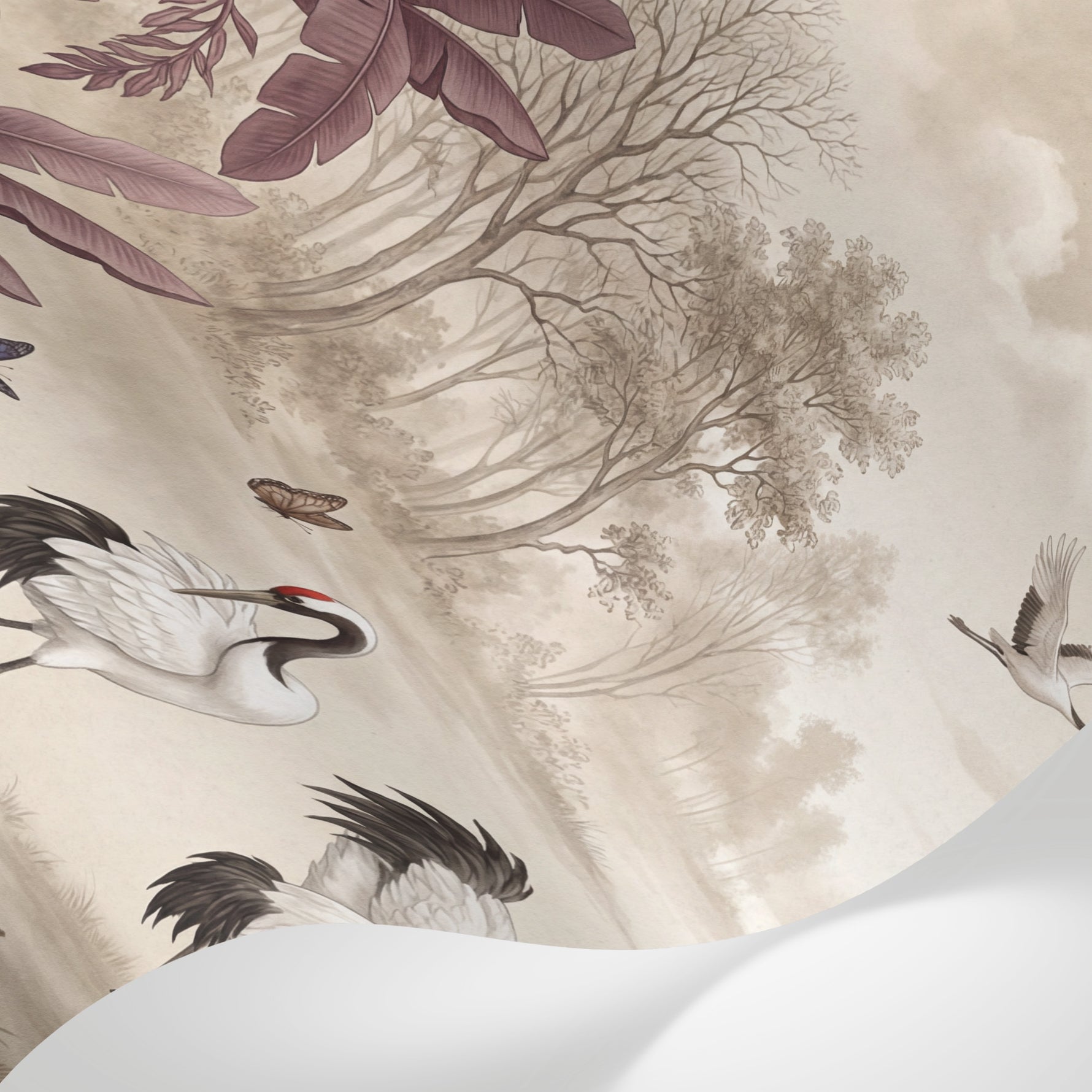 Papier peint panoramique grue - Grues couronnées tropicales feuillage exotique papillons fond beige crème sur mesure - Matière