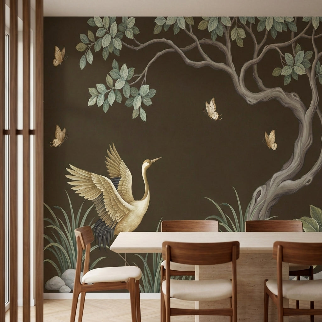 papier peint panoramique grue heron branches fleuries papillons feuillage fond m-1