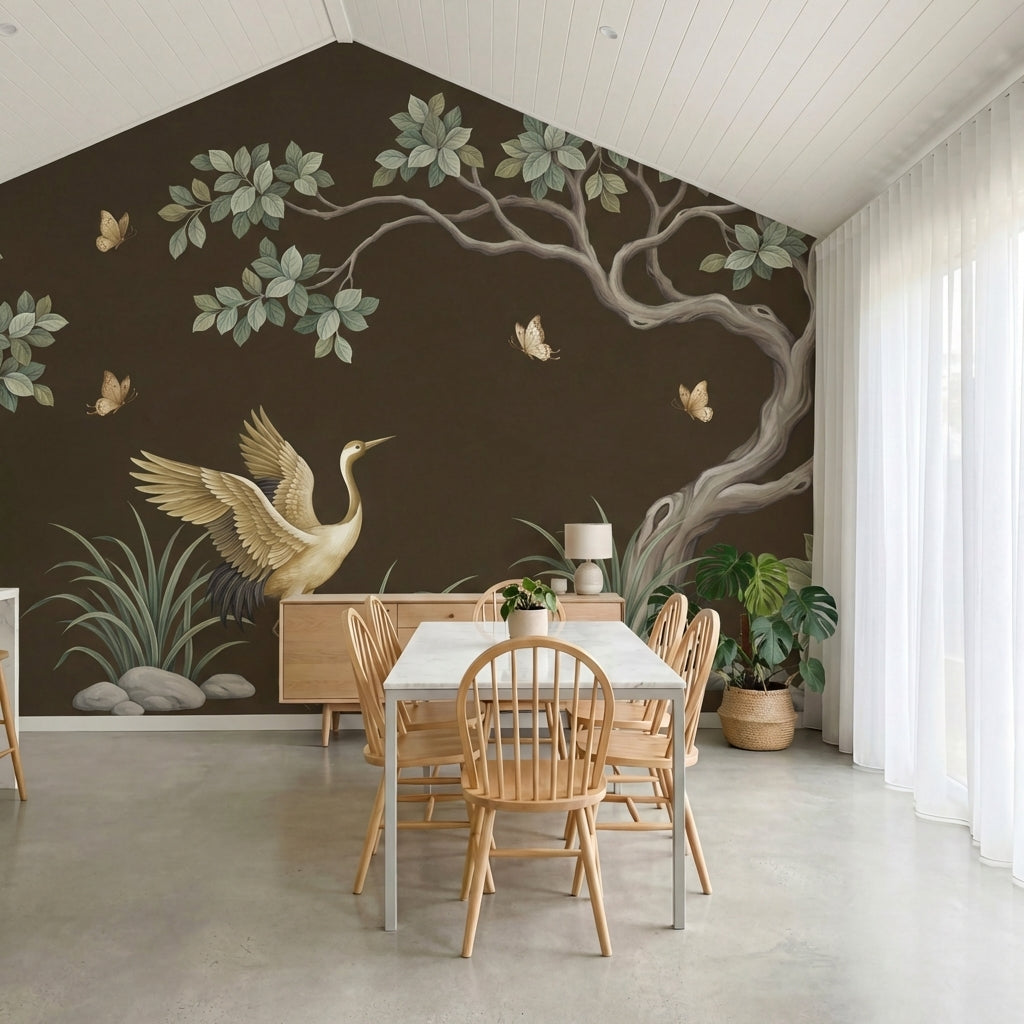 papier peint panoramique grue heron branches fleuries papillons feuillage fond m-8