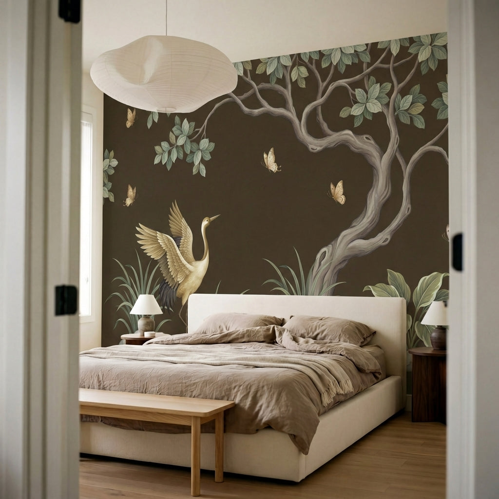 papier peint panoramique grue heron branches fleuries papillons feuillage fond m-9