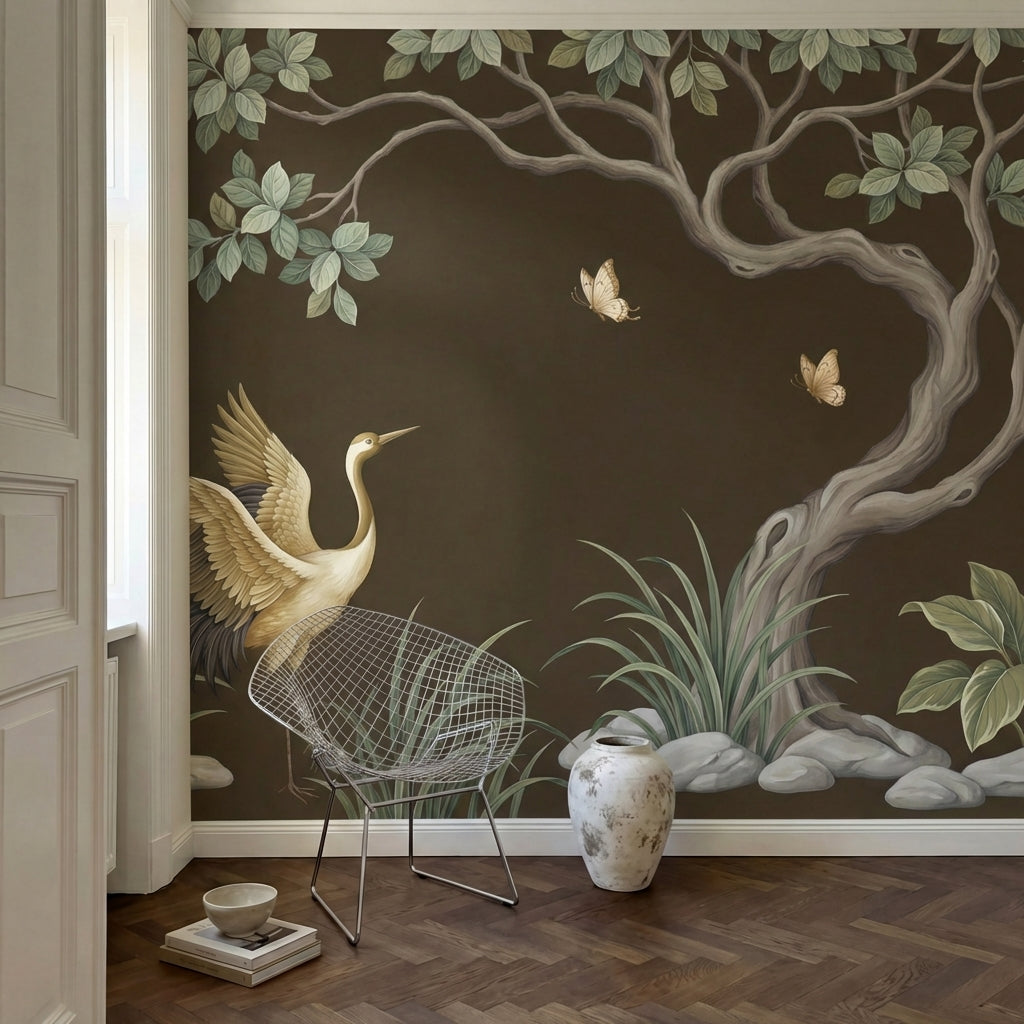 papier peint panoramique grue heron branches fleuries papillons feuillage fond m-HERO-11