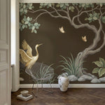 papier peint panoramique grue heron branches fleuries papillons feuillage fond m-HERO-11