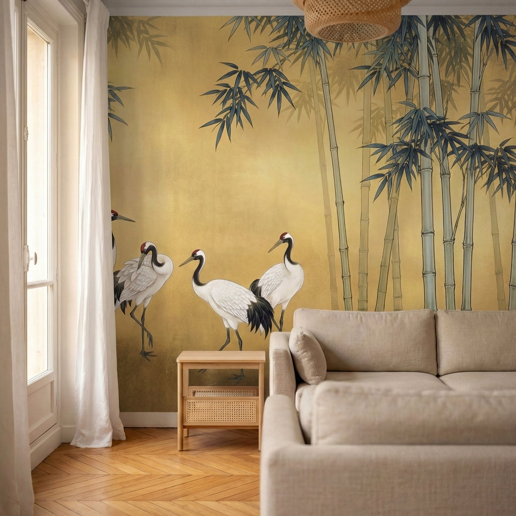 papier peint panoramique grue quatre herons bambous feuillage asiatique fond bei-6