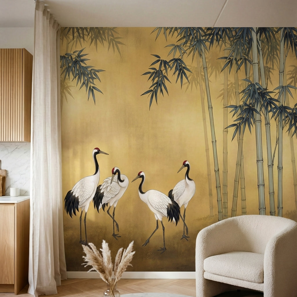 papier peint panoramique grue quatre herons bambous feuillage asiatique fond bei-HERO-14