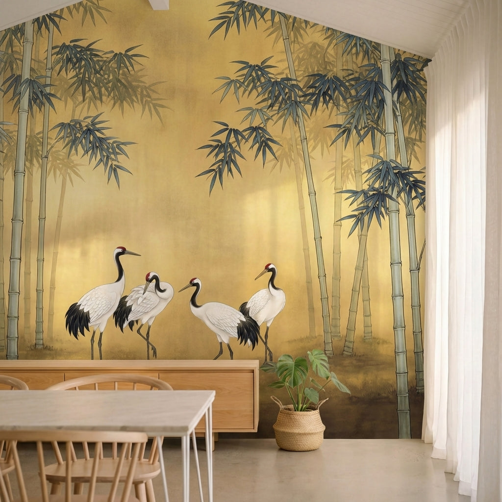 papier peint panoramique grue quatre herons bambous feuillage asiatique fond bei-HERO-15