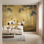 papier peint panoramique grue quatre herons bambous feuillage asiatique fond bei-VARIANTE-15