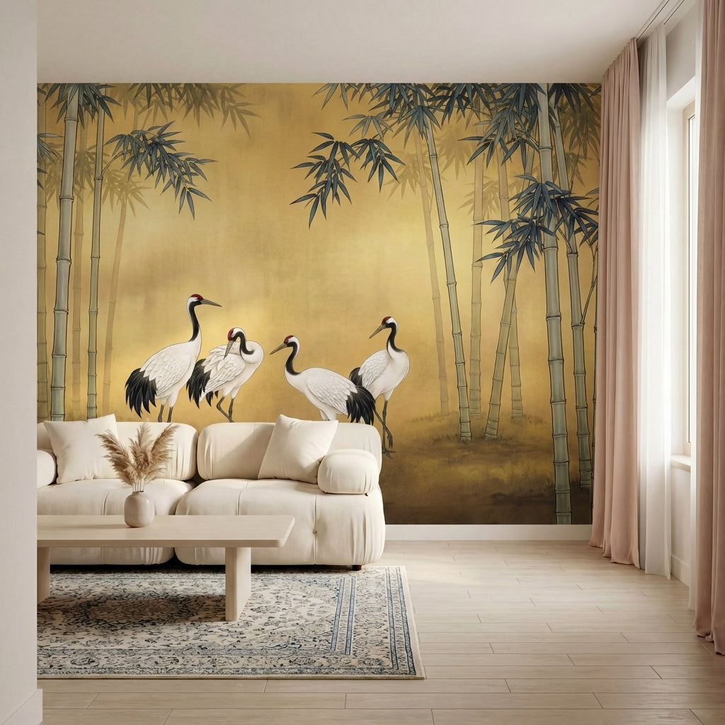 papier peint panoramique grue quatre herons bambous feuillage asiatique fond bei-VARIANTE-15