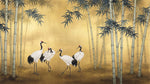Papier peint panoramique grue - Quatre hérons bambous feuillage asiatique fond beige doré et vert sur mesure - Design